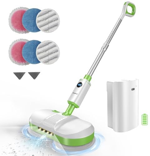 AlfaBot - Cordless Electric Mop for Floor Cleaning, Dual Spin Mop with LED Headlights, Water/Self-Propelled Spray, Cleans Up to 2700 Sq.Ft, Rechargeable Mop with