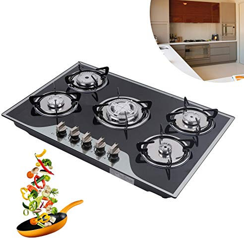 Charocean 5 Burner Gas Hob Built-in Stove 77x51cm Gas Burner NG/LPG Gas Stove Gas Cooktop with Enamel Supports & Wok Burner, Black Tempered Glass