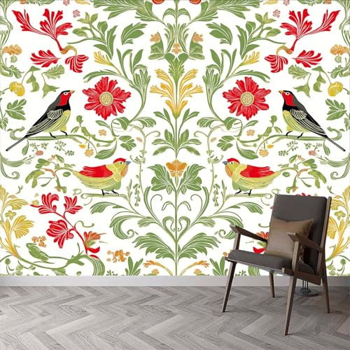 Carta da Parati Fotografica Fiori e Uccelli in Stile Vintage Murales, Murale da Parete Fiori Retrò, Murales 300 x 210 cm (L x A), Carta da Parati Decorativa Arte da Parete per Soggiorno Camera