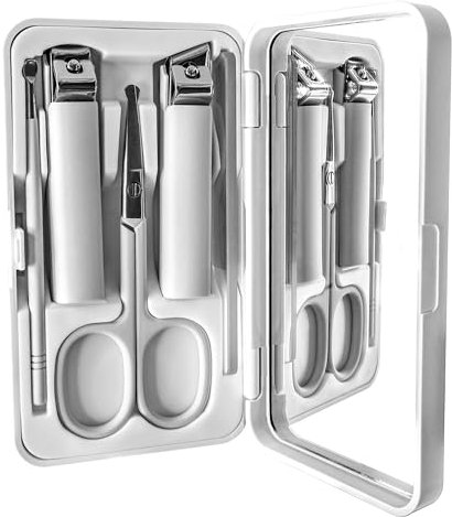 Sun&Beam Nails Nail Clippers Glass Nail File Scissors Mirror Ear Pick 6-Pcs Set Nail Care Set for Hands and Feet Anti-Splash Anti-Slip Portable with Storage Box White