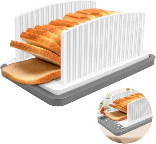 Suzmei Upgrade Bread Cutter - Homemade Bread, Cake & Toast Slicer with Adjustable Width, Folding & Compact Design, Includes Breadcrumbs Tray