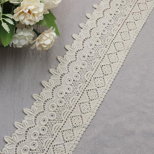 WANYI 9cm Breit Spitzenband aus Baumwolle Spitze Borten und Bänder zum Nähen Stickerei Dekoband Spitzenborte Vintage Spitzenbordüre Bordüre Stoff für Unterwäsche Vorhänge Geschenkband(Beige-2 Yards)