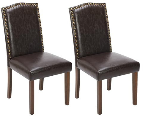 Sweetcripy Esszimmerstühle 2er-Set, hochwertiger gepolsterter Esszimmerstuhl aus Leder mit Nagelkopfbesatz und Holzbeinen, Esszimmerstuhl für Schlafzimmer, Wohnzimmer, Esszimmer, Braun