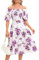 Bbonlinedress Robe Femme Chic et Elégant d'été Imprimée Fleurie à Epaules Dénudées Mi Longue Fluide A-Line pour Plage Casual Cocktail Soirée Bal Top Elastique Manches Courtes White Purple Rose M