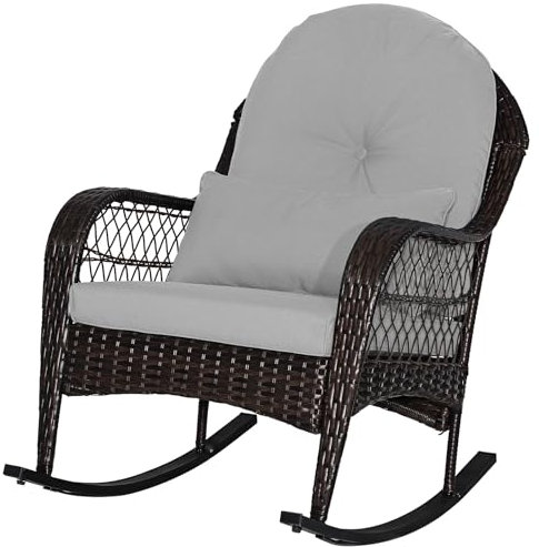 RELAX4LIFE Garden Rocking Chair, Outdoor Lounge Rattan Chair with Lumbar Pillow & Cushion, Wicker Relaxing Rocker Armchair Seat for Patio Poolside Backyard (Grey)