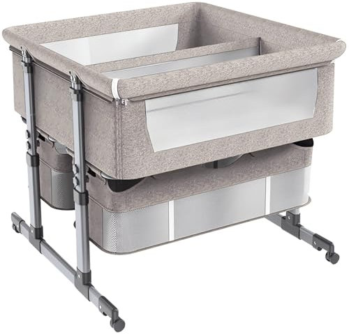 STRTG Zwillingsbett Für 2 Babys,Babybett Für Zwillinge,Stubenwagen Für Zwillinge,Zwillingsbett Next to Me,6-Fach Höhenverstellbar,Leicht Zusammenklappbares Schlafbett,Tragbares Babybett Khaki