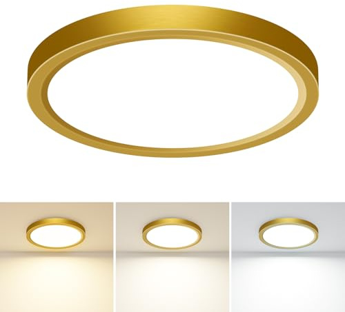 slochi Bathroom Light, 3000K/4000K/6500K 3 Color Temperature, Waterproof IP44, Small, Round, Modern, Flush Ceiling Light for Bathroom, Kitchen, Bedroom, HallwayØ18CM(Gold)