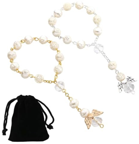 MIRKUZI Innenspiegel 2 Stück Auto-Rosenkranzperlen mit Samtbeutel, Schutzengel-Anhänger, Autospiegel-Zubehör-Dekoration, Innenrückspiegelkette, kurze Perlen als Geschenk für Männer und Frauen