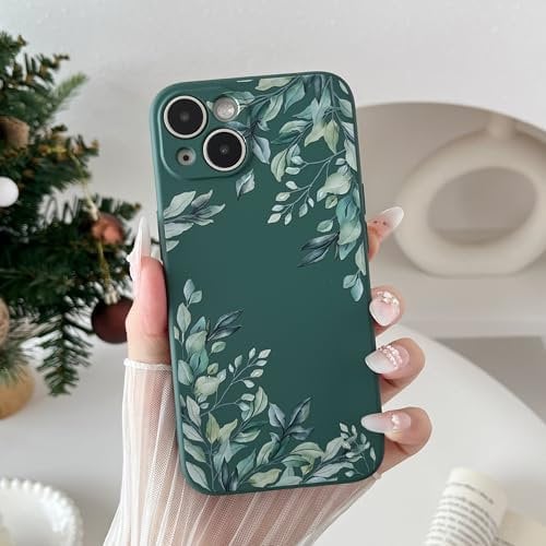 RALEAVO Flower Case for iPhone 16 Pro, Liquid Silicone Shockproof Protection Case Cover for Girls Women with Aesthetic Cute Floral Patterns Soft Slim Phone Case for iPhone 16 Pro-Dark Green/Leaves