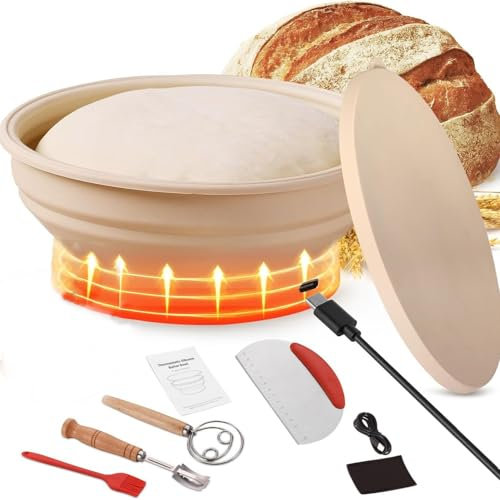 Sauerteiggärkorb, 23 cm große, faltbare runde Gärbox, Heizmatte für kontrollierte Gärung, Erhitzen von Sauerteigbrot, Backzubehör, Joghurt und Lebensmittel