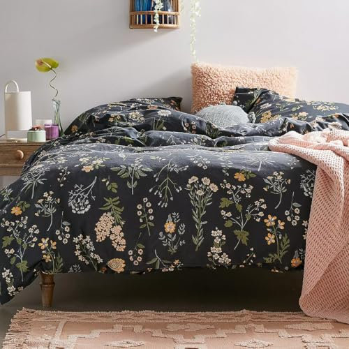 Lanqinglv Bettwäsche 155x220 Schwarz Bunt Blumenmuster Bettwäsche Aesthetic aus Microfaser,Allergiker ÖKO-TEX Bettwäsche Set - Bettbezug mit Reißverschluss und 1 Kissenbezug 80x80 cm