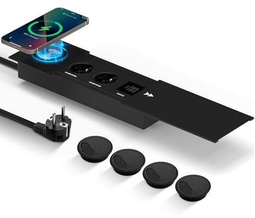 Frstem Versenkbare Steckdose Küche mit 4 Stück Kabeldurchlass,Einbausteckdose mit USB,Bietet einen USB-C Port, Drahtloses Qi-Laden, Zwei USB-A Ports und Zwei Steckdosen