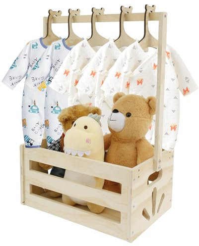 Baby Geschenk Korb Mit Griff Holzkiste Baby Geschenk Mit 5 KleiderbüGel KleiderstäNder Aufbewahrungsbox Baby Aufbewahrungskiste FüR Neue Eltern Babys Pregnancy Gifts (Weiß)