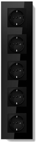 BSEEDLIFE Schuko Steckdose Unterputz EU Standard, 86 * 370mm Wandsteckdose 16A mit Glasrahmen, Einfach Installation, Klappkrallen, Typ F Steckdose mit Erdung，5-Fach Schwarz