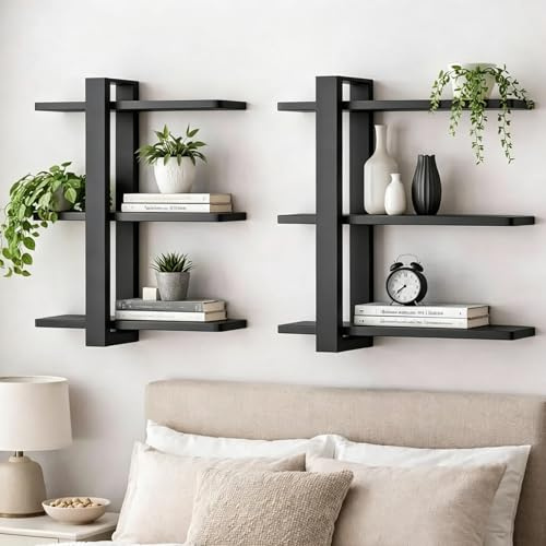LN COZY CORNER 2pcs Floating Shelves Wall Mounted 3 Tier Shelf Unit with Sliding Shelves for Bedroom Living Room Bathroom Office Rustic Wall Storage for Plants Photos Decor