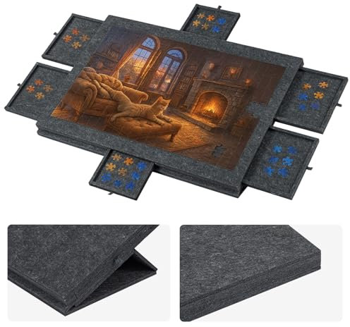 Puzzle-Aufbewahrungsbrett mit 6 Schubladen – Neigbare Puzzle-Platte aus Filz für bis zu 1000 Teile – 2-in-1 Puzzletisch mit Ständer & Abdeckung – Leicht & tragbar für Erwachsene & Kinder (Dark Grey)