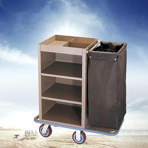 Hotel Reinigungswagen, Housekeeping-Trolley mit 4 Lenkrollen, Hotel-Reinigungswagen mit 3 Ebenen, Servicewagen mit Rädern & Taschen für Gastronomie/Krankenhäuser/Schulen