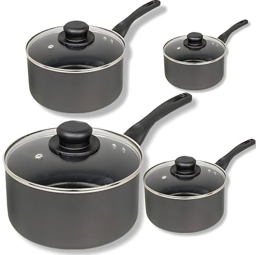 COOKCLASSIC 4-Piece Aluminium Cookware Set, Non-Stick Saucepans, 15/18/20/22 cm, Black, Dishwasher Safe