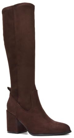 ESSEX GLAM Women's Knee High Boots Block Mid Heel Stretch Calf Fit Brown Faux Suede Zip Size 7