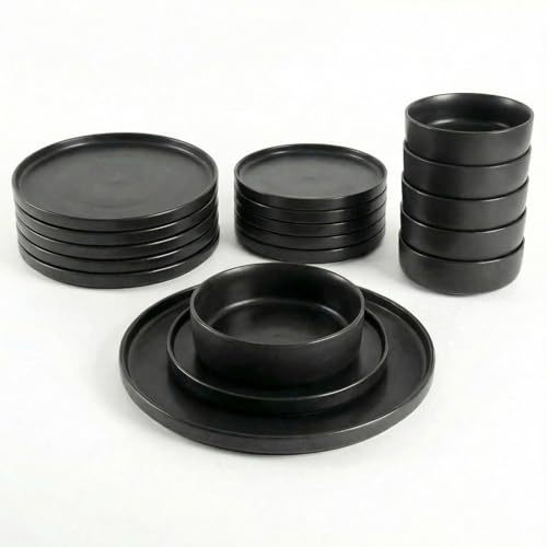INTRECCI Servizio Piatti – Set Completo per 6 Persone in Ceramica – Design Moderno – Piatti Tavola Eleganti – Compatibili Lavastoviglie e Microonde - Set 18 piatti, modello: Minimal Nero