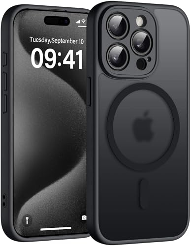 Helssitot Magnetisch für iPhone 15 Pro Max Hülle, Schwarz | mit Magsafe Militär-Grade Stoßfest Kratzfest Anti-Fingerabdruck Rückseite Matt Handyhülle für iPhone 15 Pro Max 6,7 Zoll