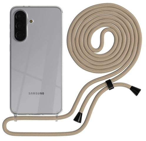 EAZY CASE Handykette kompatibel mit Galaxy A37 Handyhülle mit Umhängeband, Handykordel mit Schutzhülle, Silikonhülle, Hülle mit Band, Stylische Kette für Smartphones, Taupe Camouflage - Clips Silber