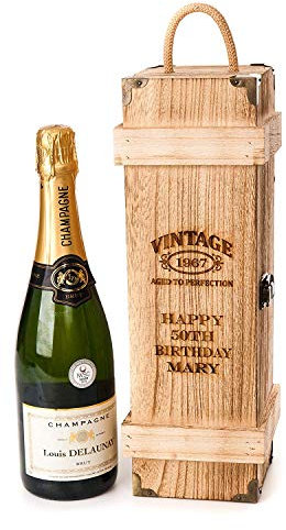 Personalised Vintage Wooden Wine Box - Bottle Gift Chest for Champagne, Prosecco & More - Men & Women's 21st to 60th Birthday Gifts (Box Only)