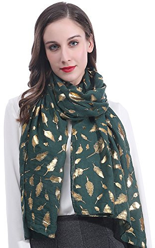 Lina & Lily Foulard Femme à Plumes Métallisées, Écharpe Tissu Léger 180cm X 75cm (Vert foncé-Or)