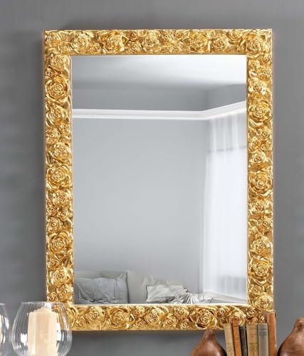 MO.WA Wandspiegel Spiegel Klassisch 62x82 Gold, Dekospiegel rechteckig Blattgold, Spiegel mit Holzrahmen verziert, für Wohnzimmer, Schlafzimmer, Badezimmer, Eingangsraum Flur