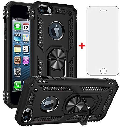 Asuwish Compatible with iPhone 5S 5 SE 2016 5SE Case with Tempered Glass Screen Protector Stand Ring Holder Shockproof Silicone Heavy Duty Accessories Magnetic Rugged Metal i Phone5s Cases 6SE Black