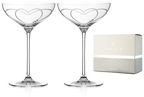 DIAMANTE Swarovski Crystal Champagne Cocktail Saucers/Coupes Pair - ‘Toast Heart’ - Embellished with Swarovski Crystals – Set of 2