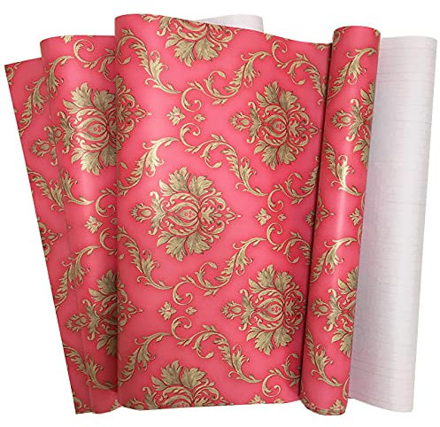 32.8ft x17.7Inch,48.4 Square ft, Red-Golden Vintage Floral Wallpaper Peel and Stick Luxury Damask Vintage Contact Paper,Self Adhesive Wall Paper for Living Room Slype TV Background