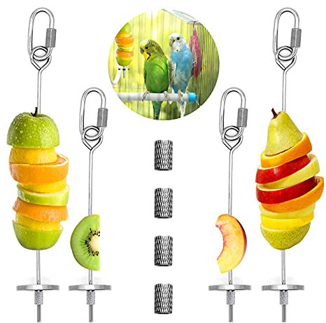 Mngren Lot de 4 mangeoires à oiseaux pour cage, jouet de recherche d'oiseaux, support de nourriture pour oiseaux, brochettes de fruits et légumes, outil de traitement à suspendre pour perroquets,