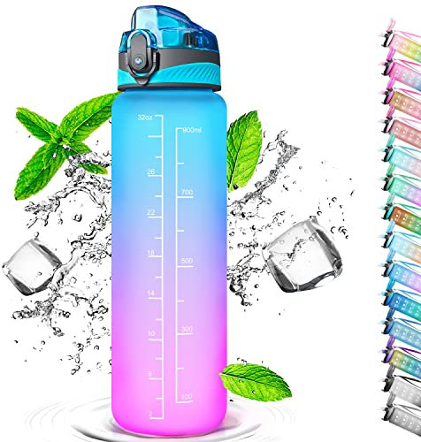 Auckpure Sport-Trinkflasche, 1 Liter, Wasserflasche mit Strohhalm, mit Marker, Öffnen, mit einem Klick, geeignet für Fitnessstudio, Yoga, Camping, Radfahren und das Familienleben (Blau Violett)