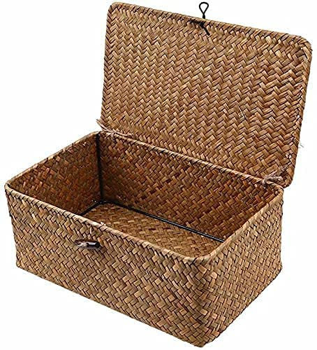 Cestino Portaoggetti, Seagrass, in Vimini con Coperchio, in Rattan Intrecciato Fatto a Manograss (Piccolo 23x13x8CM)