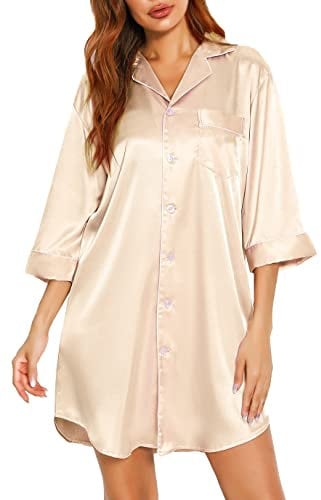 Vlazom Women's Silk Nightshirt Button Down Satin 3/4 Sleeve Nightgwon Boyfriend Sleepshirt Notch Collar Sexy Nightdress Champagne,m