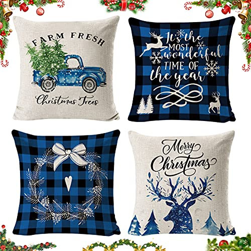 Huahuanghui Kissenbezug Weihnachten, 4 Stück Kissenbezug 45x45 cm, Kissenbezug Frohe Weihnachten, Leinen Dekokissen Kissenhülle für Wohnzimmer Schlafzimmer