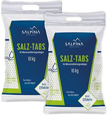 10 x SALPINA Salztabletten für Wasserenthärtungsanlagen 10kg im Sack (100kg), Entkalkung & Elektrolyse | hochreines Regeneriersalz (99,9% NaCl) mit bester Löslichkeit für sauberes & weiches Wasser