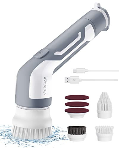 LABIGO Elektrischer Reinigungsbürste, Spin Scrubber, kabelloser Hand-Duschwäscher mit 4 austauschbaren Bürstenköpfen für Küche, Grill, Spüle, Räder, etc. (grau)