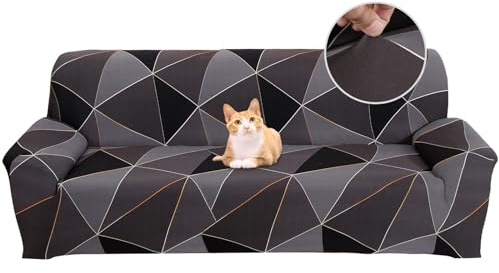 Jaotto Sofabezug 3 Sitzer Elastischer Stretch Spandex Sofa Überwürfe Sofahusse Antirutsch Waschbar Sofaschoner Couchbezug für Sofa mit Armlehne,Braune Geometrie