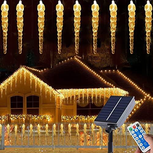 SUAVER Solar LED Eiszapfen Vorhang Lichter Außen Lichterkette Wasserdicht Eisregen Draußen drinnen Dekoration Eissäule 8 Modi Weihnachtsbeleuchtung mit Fernbedienung (100LED warmweiß)