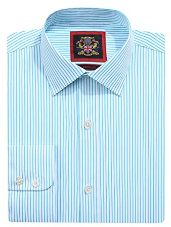 Windsor Fine Stripe Formal Mens Dress Shirts, Regular Fit, Stripe Pattern, Traditional Tailoring, Easy Care Fabric by Janeo British Apparel. (New Kingfisher, 15.5 in, Single Cuff)