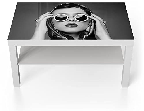 DEQORI Glastisch | weiß groß 90x50 cm | Motiv Junge Frau im Retro-Stil | ausgefallener Beistelltisch aus Glas | Hochglanz Couchtisch fürs Wohnzimmer | moderner Couch Tisch mit Design