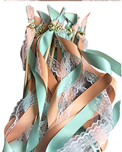 Yurosiay Lot de 50 baguettes magiques de mariage avec ruban de satin coloré - Dentelle blanche - Pour mariage, fête, mariage - Vert