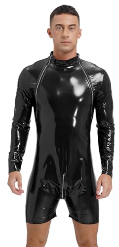 FEESHOW Herren Wetlook Body Leder Latex Overall Kurzer Langarm Lack Leder Männerbody Ouvert mit 3-Reisverschluss M-4XL