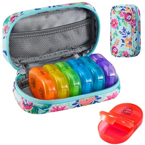 Serfeymi Tablettenbox 7 Tage Morgens Abends Pillendose 7 Tage 2 Fächer Regenbogen Medikamentenbox Tabletten Organizer mit Tragbarem Reißverschluss PU Leder für Medikamente, Fischöle – Grün-01
