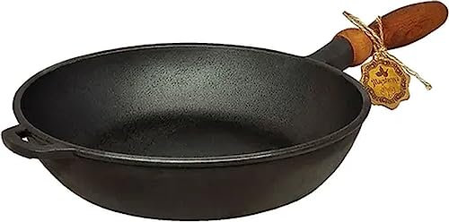 WDMT Bratpfanne aus Gusseisen mit Holzgriff – ø 24 x 6 cm – Gusseisenpfanne für alle Wärmequellen – antihaftbeschichtet – Backen – Pfannen – Geschenk – Holzgriff – Schwarz