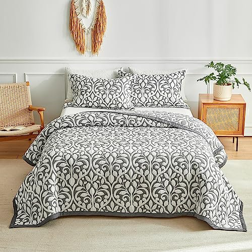 ARYURBU Bettüberwurf Tagesdecke 170x210 cm und 2 Kissenbezüge 80x80 cm, Grau Blume Gesteppte Decke für Einzelbett Sofa Couch Überwurf, Super Weich Soft Baumwolle Mikrofaser Mischung Bettdecke