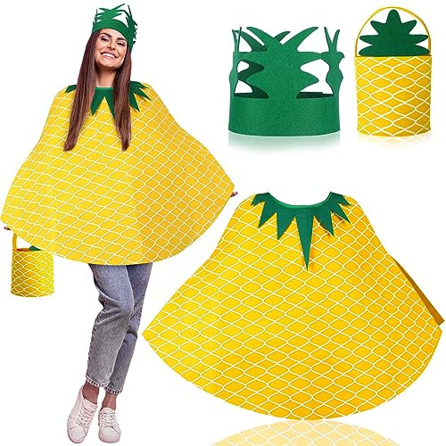 Suhine 3-teiliges Ananas-Kostüm für Damen, Ananas-Poncho, Handtasche und Ananas-Stirnband, lustiges Obstkostüm für Erwachsene, Halloween, Cosplay-Party