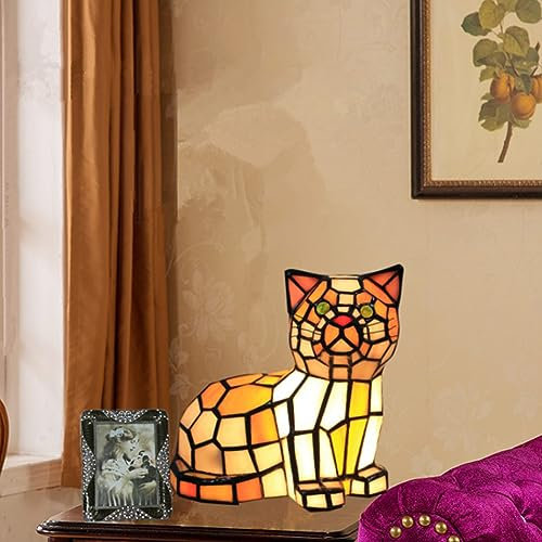 AIBOTY Tiffany Cat Tischlampe neben Tischlampe, handgefertigte Buntglas-Schreibtischlampe, kreatives schönes Schlafzimmer Kinderlampe, Weihnachtsmuttertagsgeschenk Nachtlicht, 21X18cm, E12/14